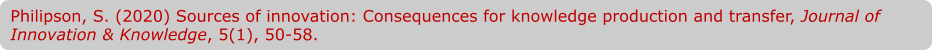 Philipson, S. (2020) Sources of innovation: Consequences for knowledge production and transfer, Journal of Innovation & Knowledge, 5(1), 50-58.