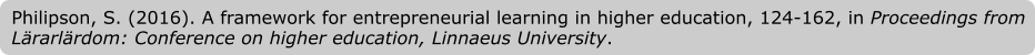 Philipson, S. (2016). A framework for entrepreneurial learning in higher education, 124-162, in Proceedings from Lärarlärdom: Conference on higher education, Linnaeus University.