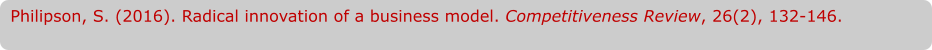 Philipson, S. (2016). Radical innovation of a business model. Competitiveness Review, 26(2), 132-146.