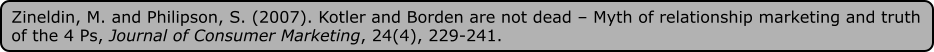 Zineldin, M. and Philipson, S. (2007). Kotler and Borden are not dead – Myth of relationship marketing and truth of the 4 Ps, Journal of Consumer Marketing, 24(4), 229-241.