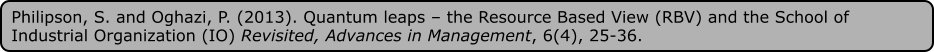 Philipson, S. and Oghazi, P. (2013). Quantum leaps – the Resource Based View (RBV) and the School of Industrial Organization (IO) Revisited, Advances in Management, 6(4), 25-36.