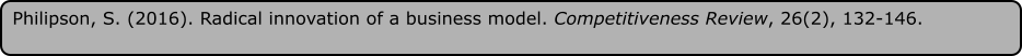 Philipson, S. (2016). Radical innovation of a business model. Competitiveness Review, 26(2), 132-146.