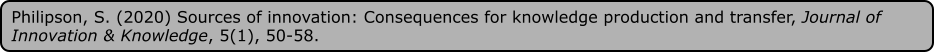 Philipson, S. (2020) Sources of innovation: Consequences for knowledge production and transfer, Journal of Innovation & Knowledge, 5(1), 50-58.